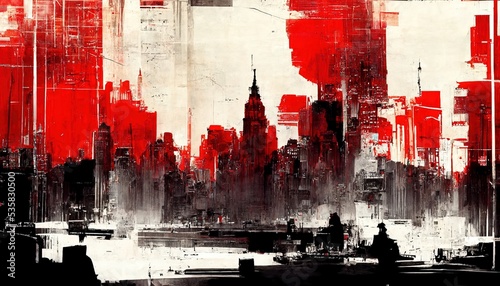 Abstract city building skyline metropolitan. concept art. crimson red abstract. digital glitch art