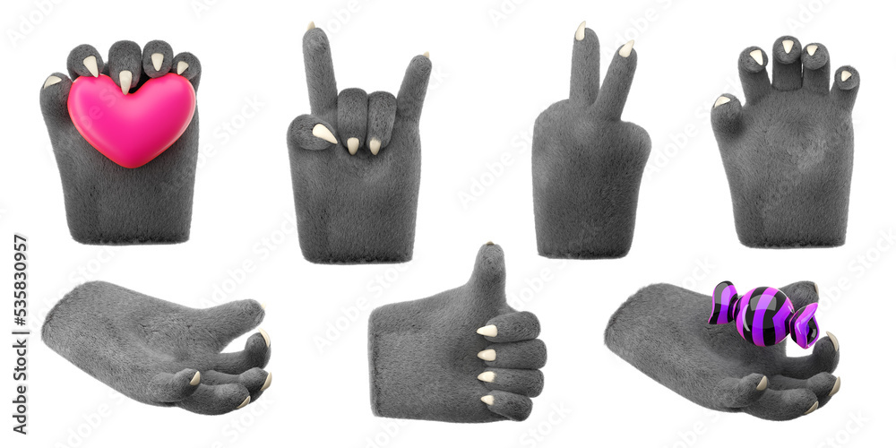 3d furry wolf hands set in plastic cartoon style. Different fingers and palm gesture. Werewolf monster Halloween character palms. High quality isolated render 3d furry wolf hands set in plastic cartoon style. Different fingers and palm gesture. Werewolf monster Halloween character palms. High quality isolated render