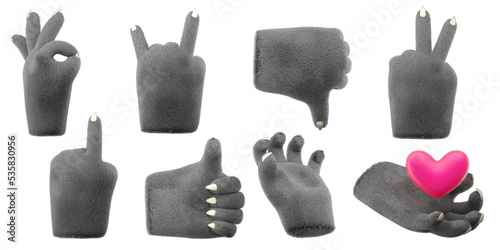 3d furry wolf hands set in plastic cartoon style. Different fingers and palm gesture. Werewolf monster Halloween character palms. High quality isolated render