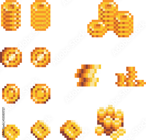Pixel art money and stack of golden coins. Pixel game money icons in retro 80s - 90s style. Vector icons set.