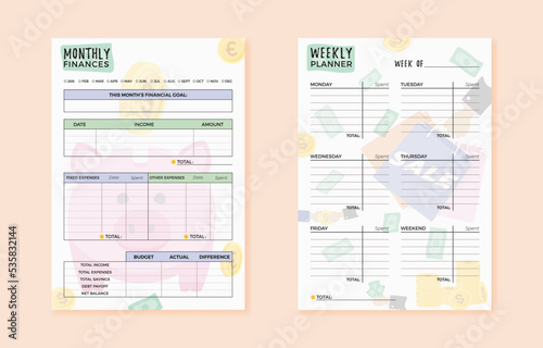 Monthly and weekly budget planner. Cute finance planner template with drawings in flat style. Vector illustration