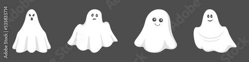 White ghosts on black background. Vector illustration.