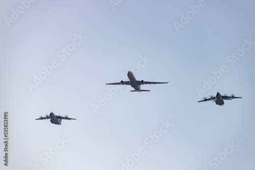 Hunt. Airplane. Military vehicle. Spanish Air Force rehearsing for the National Day of October 12 through the streets of the city of Madrid. MADRID, SPAIN - OCTOBER 5, 2023