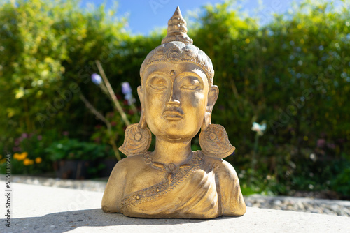 Buddha statue near house in front of garden.