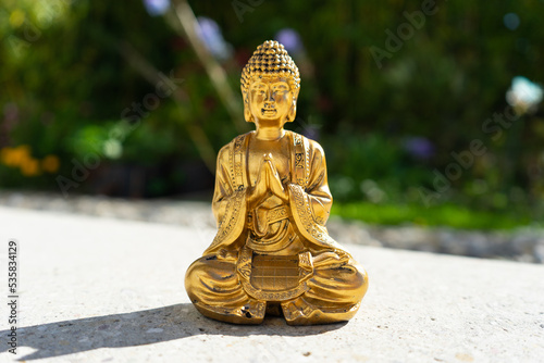 Buddha statue near house in front of garden.