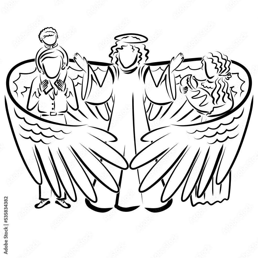 Fototapeta premium Angel guards a young family with children, black outline
