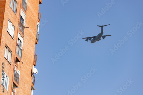 Hunt. Airplane. Military vehicle. Spanish Air Force rehearsing for the National Day of October 12 through the streets of the city of Madrid. MADRID, SPAIN - OCTOBER 5, 2023