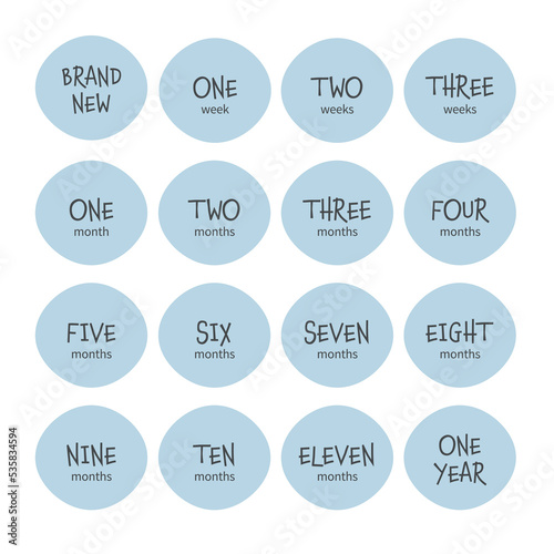 Set of milestone cards with baby age. Newborn textile and stickers design.