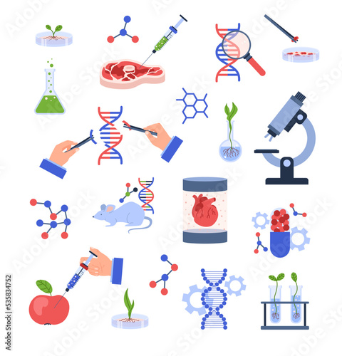 Genetic engineering icons set, flat vector illustration isolated on white background.