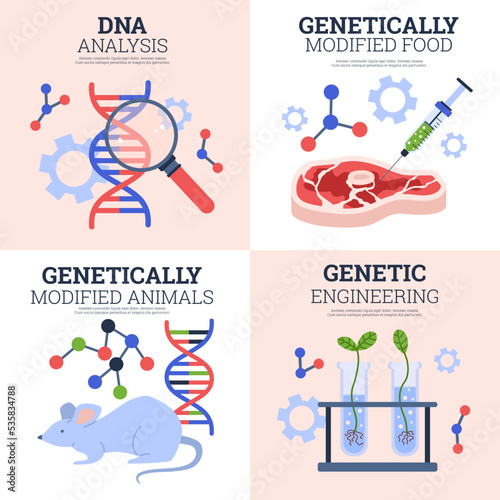 Set of squared banners about genetics engineering flat style