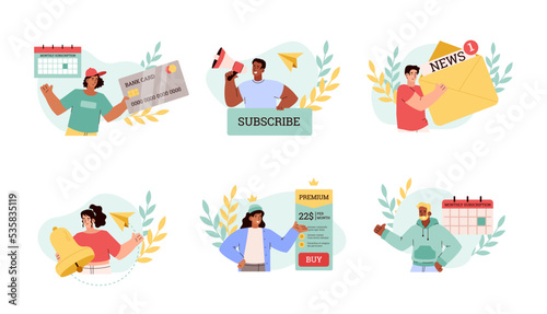 Set of people subscribe to newsletter and monthly services, flat vector illustration isolated on white background.