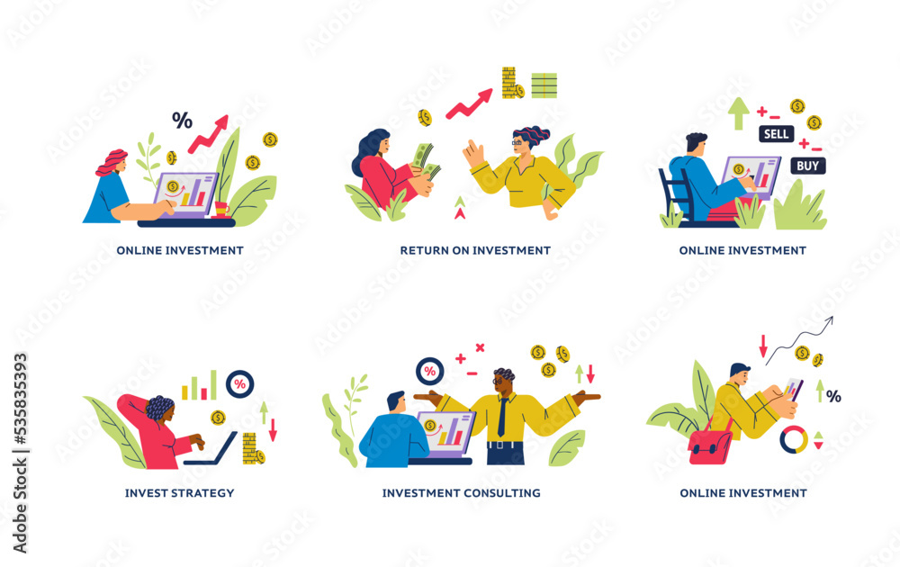 Set of scenes about online investment flat style, vector illustration