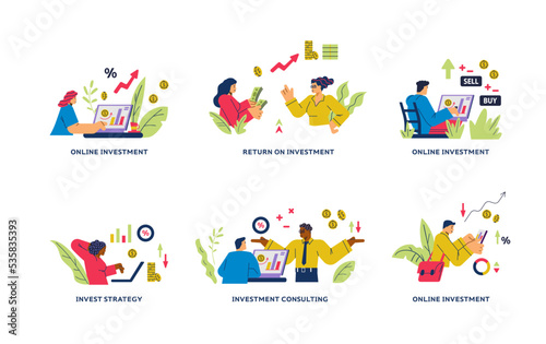 Set of scenes about online investment flat style  vector illustration