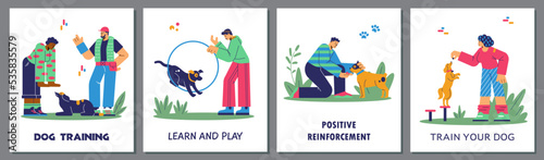 Dog training cards set with people teaching their pets, flat vector illustration.