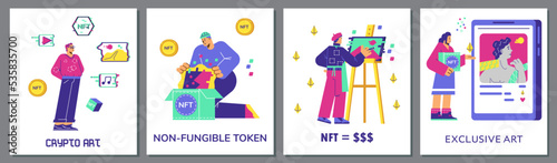 Set of banners of posters about NFT and crypto art flat style
