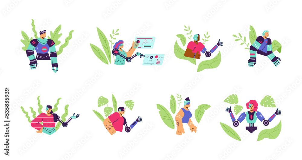 Set of people with artificial body parts flat style, vector illustration