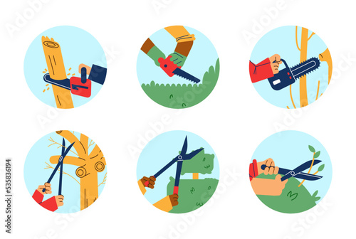 Garden work round icons, hands use professional garden equipment, flat vector illustration.