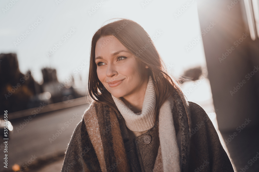 Photo of lovely charming girl have good mood spend free time sunny weather stroll city center outside Photo of lovely charming girl have good mood spend free time sunny weather stroll city center outside