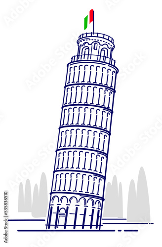 Pisa tower, vector line art illustration.