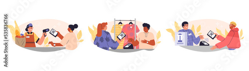 Set of people pay for various goods with QR code flat style