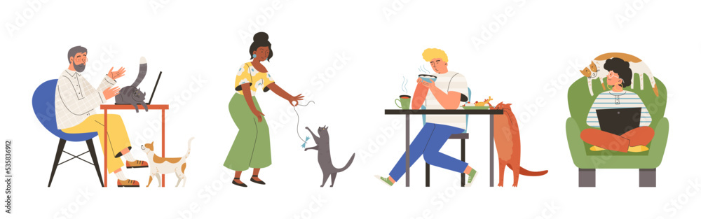 Set of scenes with typical cat's behavior flat style, vector illustration