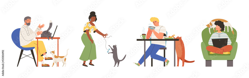Set of scenes with typical cat's behavior flat style, vector illustration Set of scenes with typical cat's behavior flat style, vector illustration