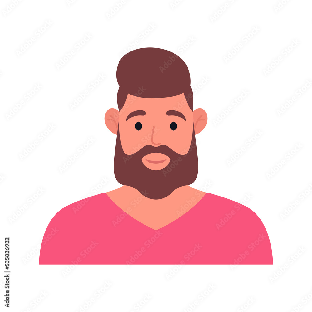 Fat bearded guy in pink t-shirt. Male character icon. Vector flat illustration.