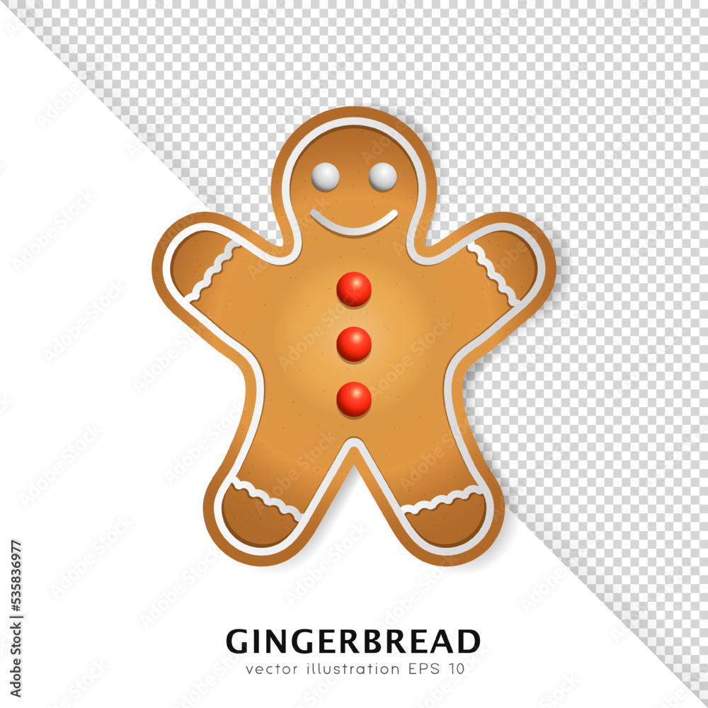 Traditional Xmas cookie - smiling gingerbread man. Cartoon holiday biscuit isolated on white and transparent background. Colorful vector template of Christmas food Traditional Xmas cookie - smiling gingerbread man. Cartoon holiday biscuit isolated on white and transparent background. Colorful vector template of Christmas food