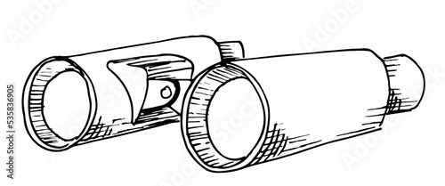 Sketch of vintage Binoculars. Hand drawn vector illustration in outline style. Drawing of expedition equipment for vision. Isolated engraving on white isolated background