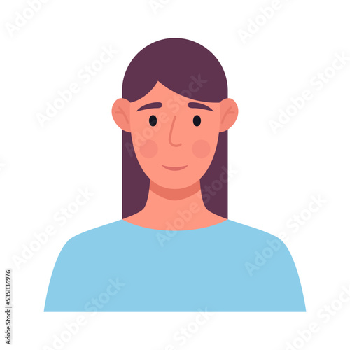 Young brunette in blue clothes. Female character icon. Vector flat illustration.