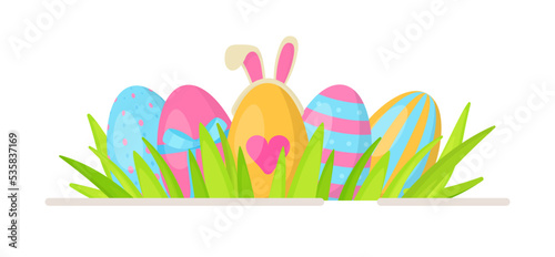 Easter eggs in the grass. Vector illustration of preparing a basket for consecration. Painting the eggs with paints.  