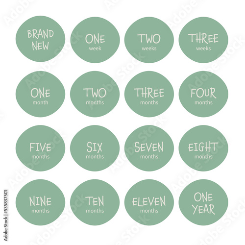 Green set of milestone stickers with baby age. Newborn textile and stickers design.