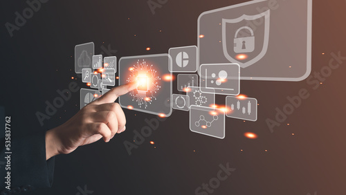 finger tip digital transformation strategy on virtual screen, business processes and data, optimize and automate operations, identify security system, internet and cloud computing