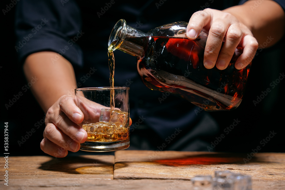 Barman pouring whiskey whiskey glass beautiful night Barman pouring whiskey whiskey glass beautiful night