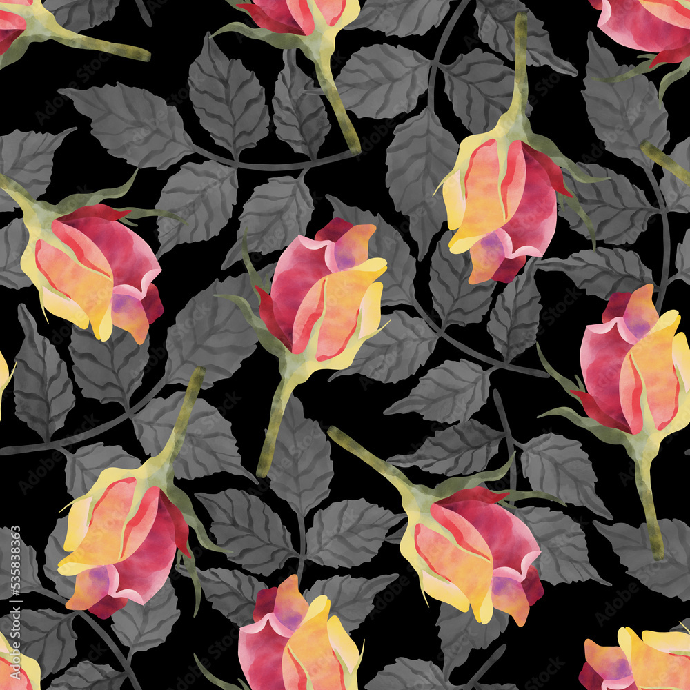 Seamless floral pattern with roses, watercolor. Beautiful seamless watercolor illustration wild blooming floral pattern. Delicate flowers. Vintage floral fabric