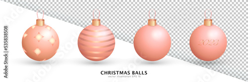 Set of four 3d baubles with decorations and 2023 text. Cartoon soft pink hanging Christmas balls with golden metal and string isolated on white and transparent background. Toys for Xmas tree