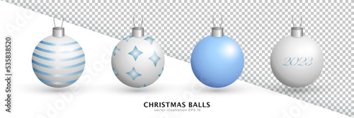 Set of four 3d baubles with decorations and 2023 text. Cartoon white and blue hanging Christmas balls with silver metal and string isolated on white and transparent background. Toys for Xmas tree
