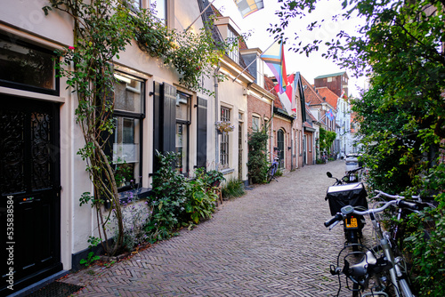 Amersfoort  The Netherlands  August 8  2022. Empty side streets with brick paving on a quiet summer   s evening.