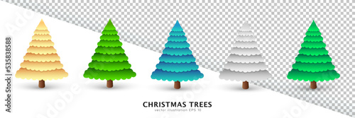 Collection of five cartoon bright Christmas trees isolated on white and transparent background. Fluffy golden, green, blue and silver Xmas pine, fir tree. Vector template for decoration.