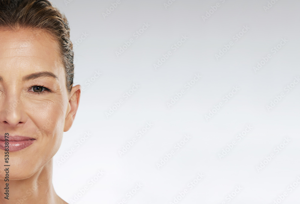 Half portrait of mature woman, beauty makeup on face and smile on healthy skin on grey mockup studio background. Happy elderly model, luxury healthy skincare routine and cosmetic spa facial wellness Half portrait of mature woman, beauty makeup on face and smile on healthy skin on grey mockup studio background. Happy elderly model, luxury healthy skincare routine and cosmetic spa facial wellness