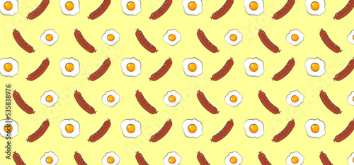 pattern background breakfast set with bread sausages and egg.  hand drawn sketch vector illustration. Good nutrition.
