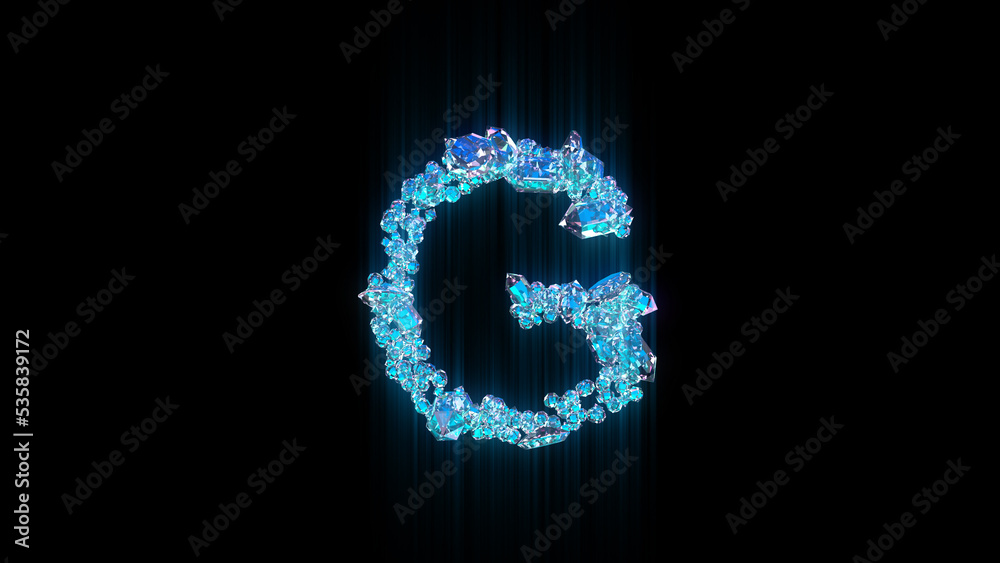 blue diamonds or ice crystals letter G on black background, isolated - object 3D rendering