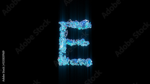 blue brilliants or ice crystals letter E on black backdrop, isolated - object 3D illustration