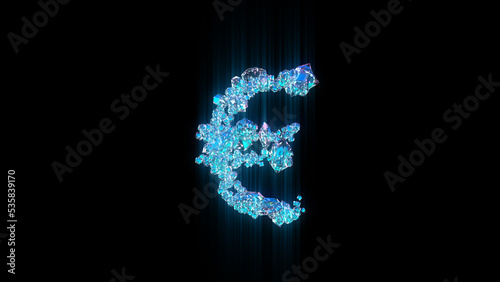 blue diamonds or ice crystals euro sign on black background, isolated - object 3D illustration
