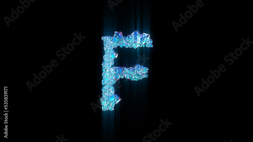 blue diamonds or crystals letter F on black bg, isolated - object 3D illustration