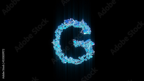 blue diamonds or ice crystals letter G on black background, isolated - object 3D rendering