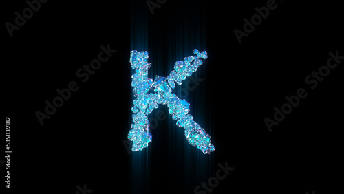 blue brilliants or ice crystals letter K on black bg, isolated - object 3D illustration