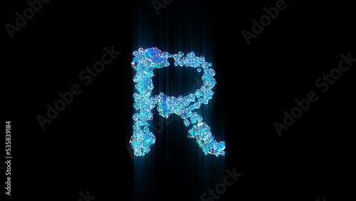 blue brilliants or ice crystals letter R on black background, isolated - object 3D illustration