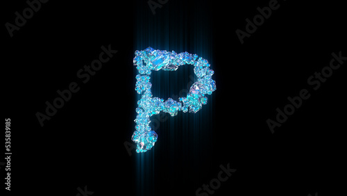 blue diamonds or ice crystals letter P on black background, isolated - object 3D illustration