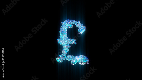 blue brilliants or frozen ice pound symbol on black backdrop, isolated - object 3D illustration